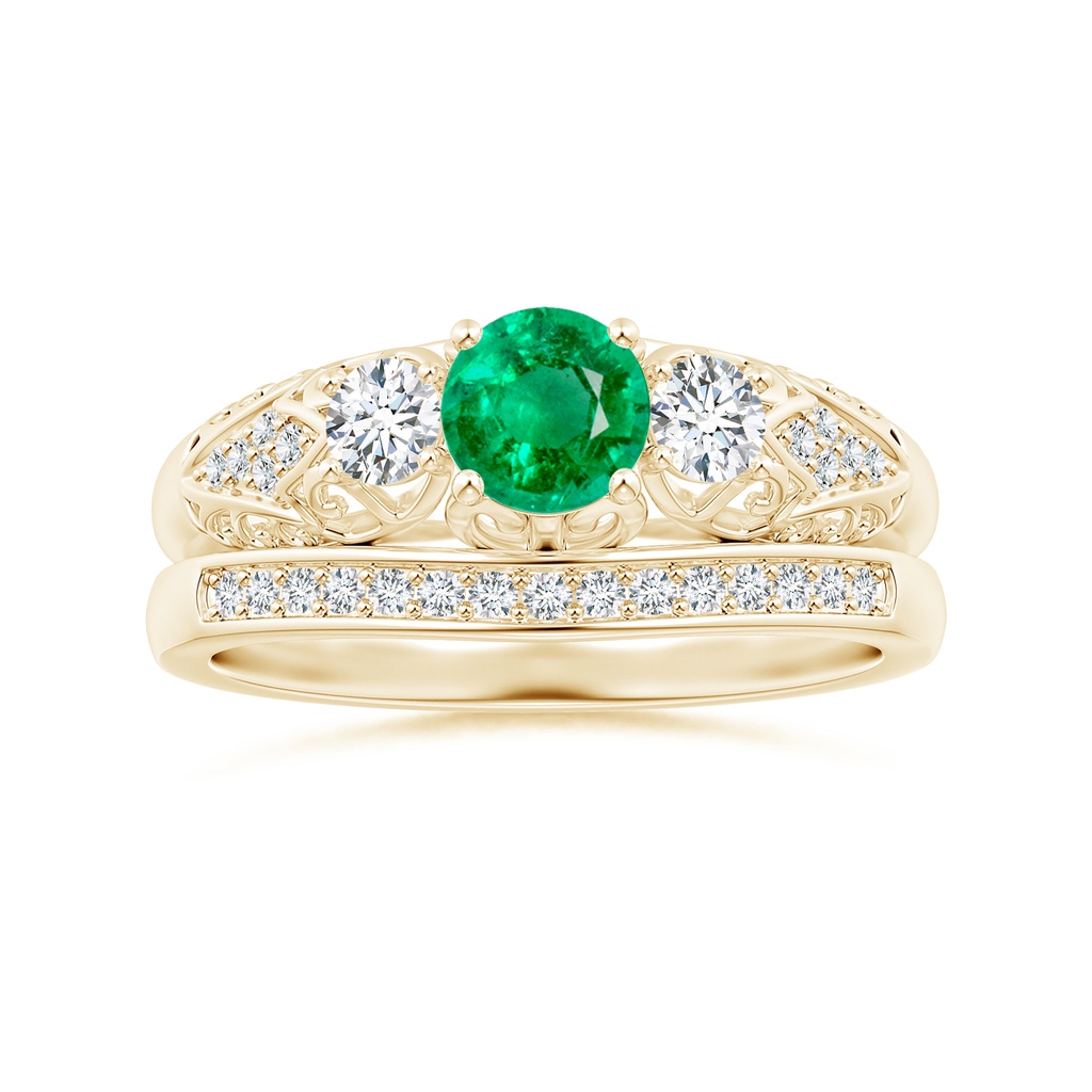 5mm AAA Aeon Vintage Style Emerald and Diamond Three Stone Engagement Ring in Yellow Gold Side-3