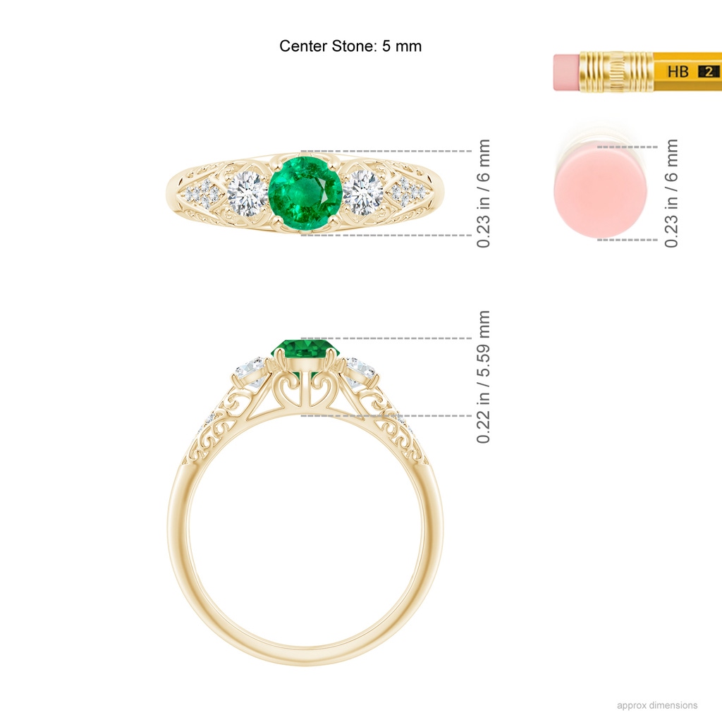 5mm AAA Aeon Vintage Style Emerald and Diamond Three Stone Engagement Ring in Yellow Gold Ruler