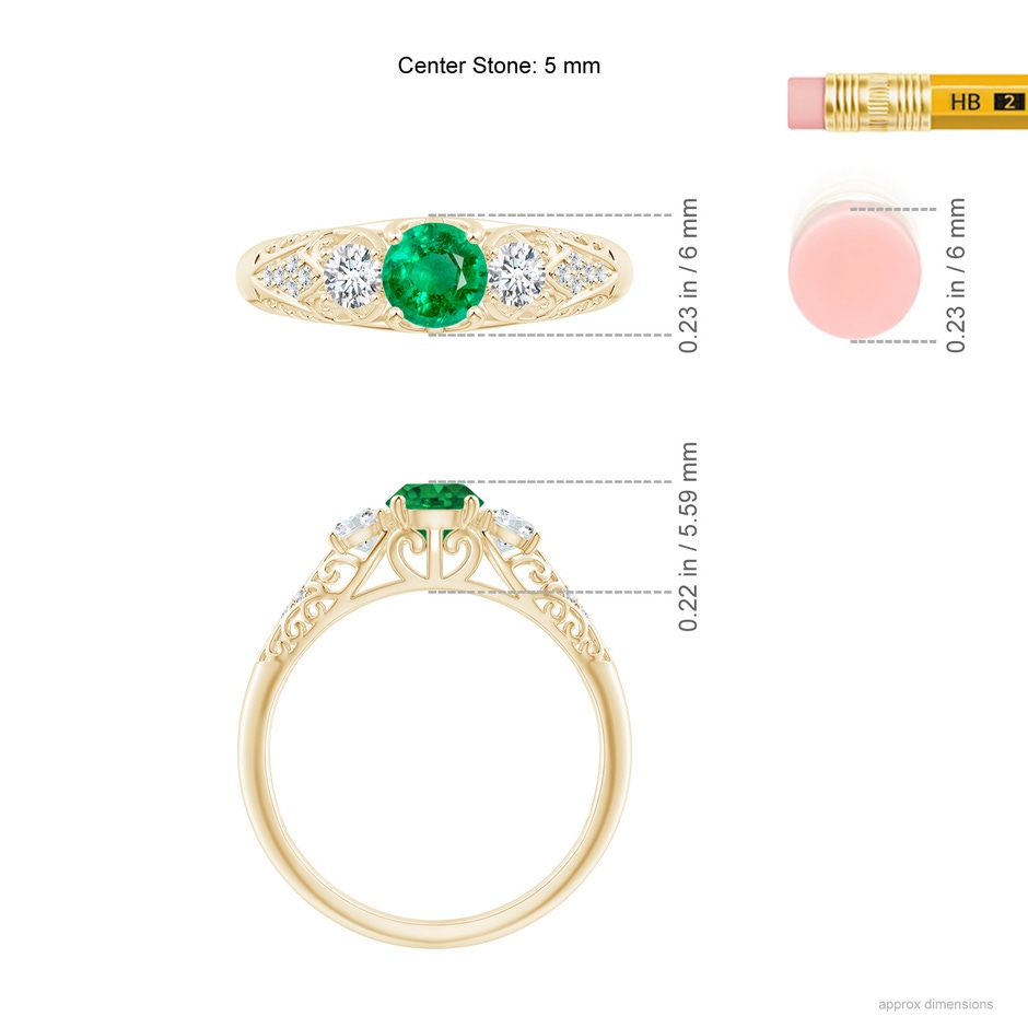 5mm AAA Aeon Vintage Style Emerald and Diamond Three Stone Engagement Ring in Yellow Gold ruler