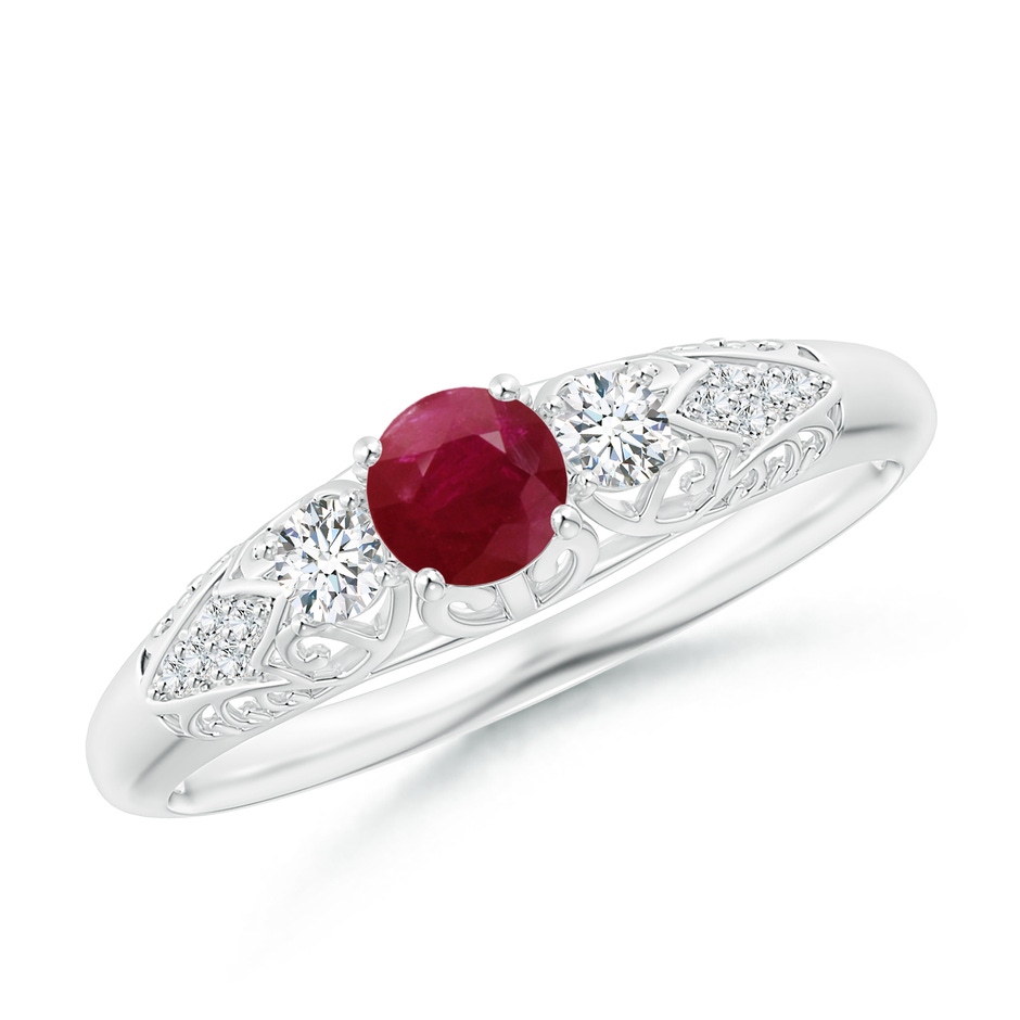 4mm A Aeon Vintage Style Ruby and Diamond Three Stone Engagement Ring in White Gold 