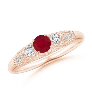 4mm AA Aeon Vintage Style Ruby and Diamond Three Stone Engagement Ring in Rose Gold