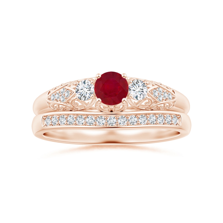 4mm AA Aeon Vintage Style Ruby and Diamond Three Stone Engagement Ring in Rose Gold side-3