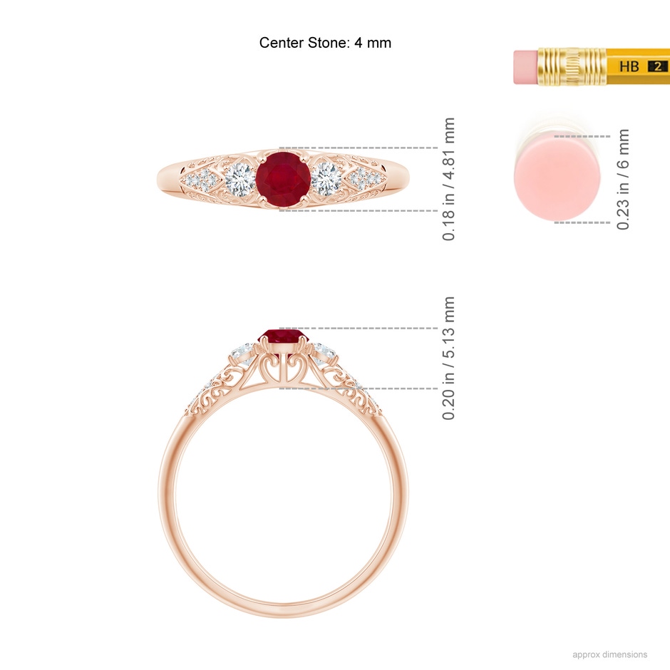 4mm AA Aeon Vintage Style Ruby and Diamond Three Stone Engagement Ring in Rose Gold ruler