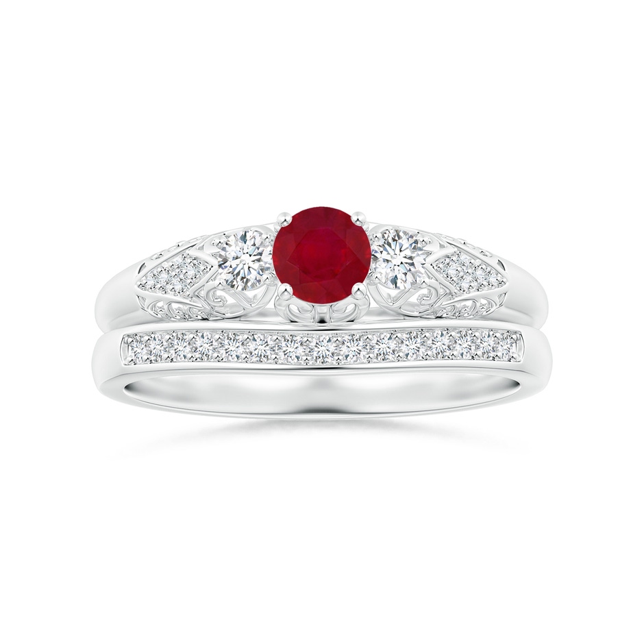 4mm AA Aeon Vintage Style Ruby and Diamond Three Stone Engagement Ring in White Gold side-3