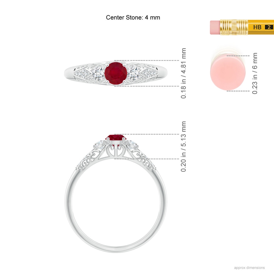4mm AA Aeon Vintage Style Ruby and Diamond Three Stone Engagement Ring in White Gold ruler
