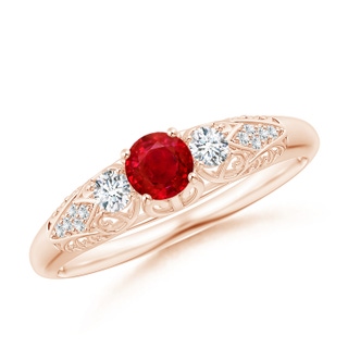 4mm AAA Aeon Vintage Style Ruby and Diamond Three Stone Engagement Ring in 9K Rose Gold
