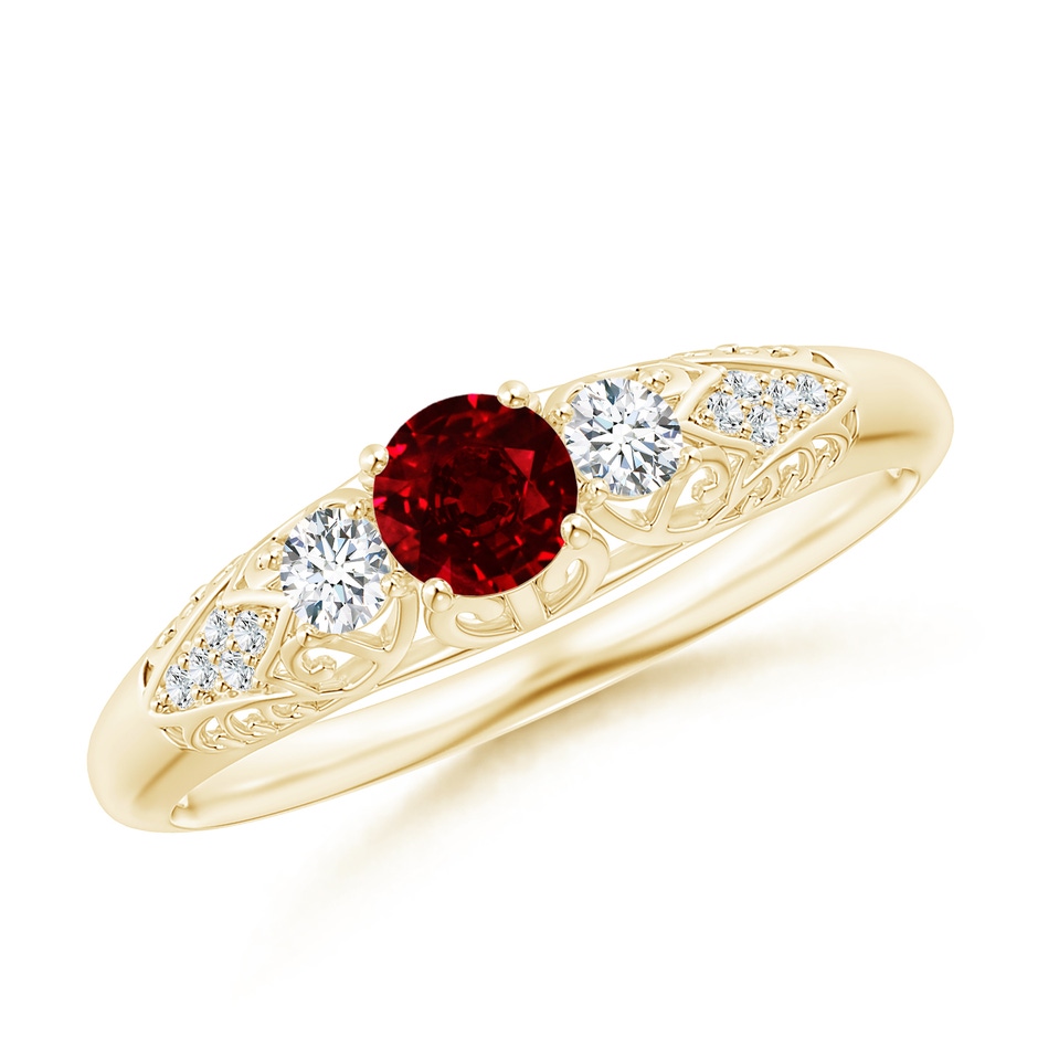 4mm AAAA Aeon Vintage Style Ruby and Diamond Three Stone Engagement Ring in 18K Yellow Gold 