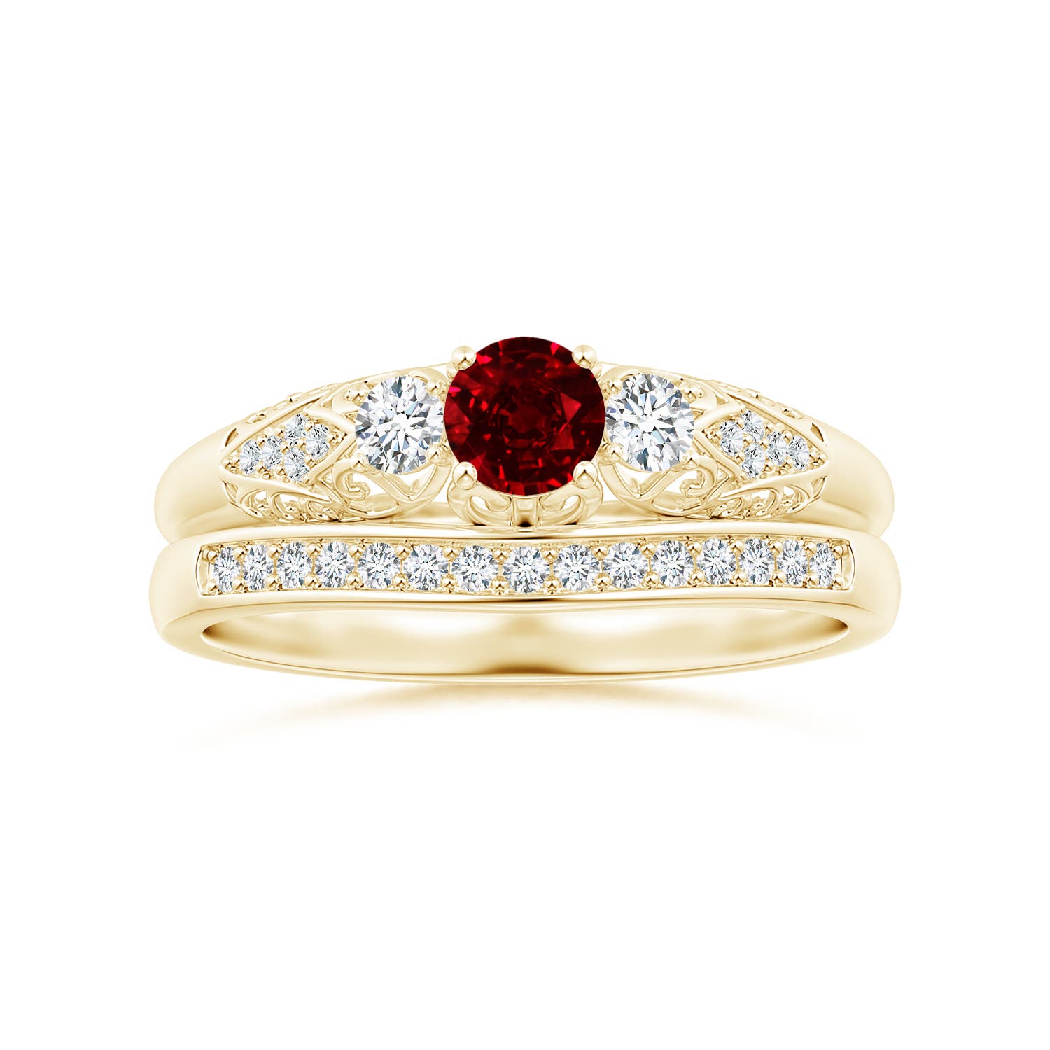 4mm AAAA Aeon Vintage Style Ruby and Diamond Three Stone Engagement Ring in 18CT Yellow Gold - side 4