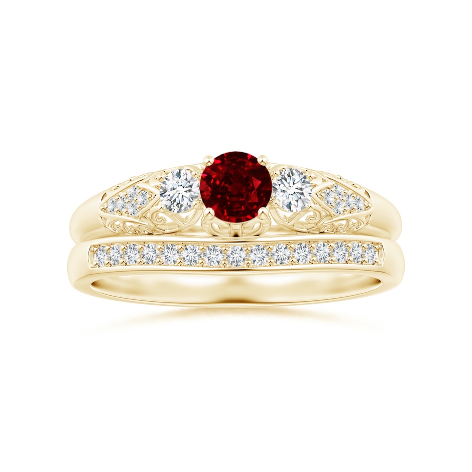 4mm AAAA Aeon Vintage Style Ruby and Diamond Three Stone Engagement Ring in 18K Yellow Gold side-3