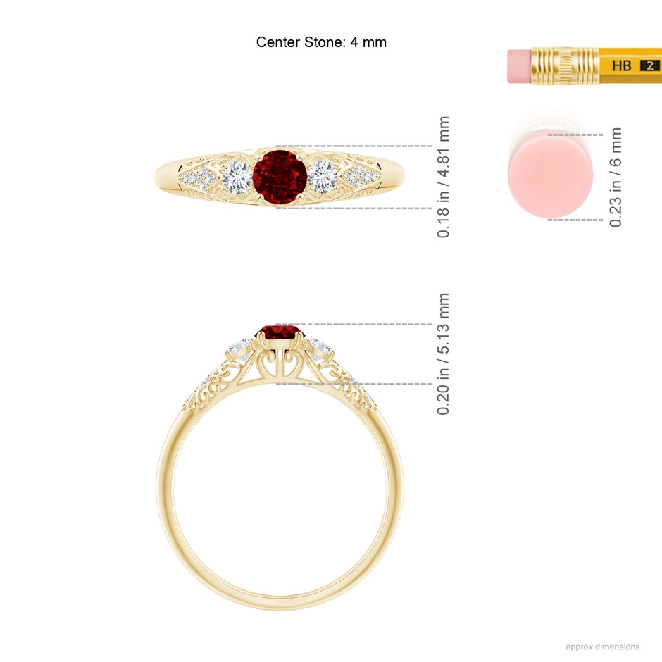 4mm AAAA Aeon Vintage Style Ruby and Diamond Three Stone Engagement Ring in 18K Yellow Gold ruler