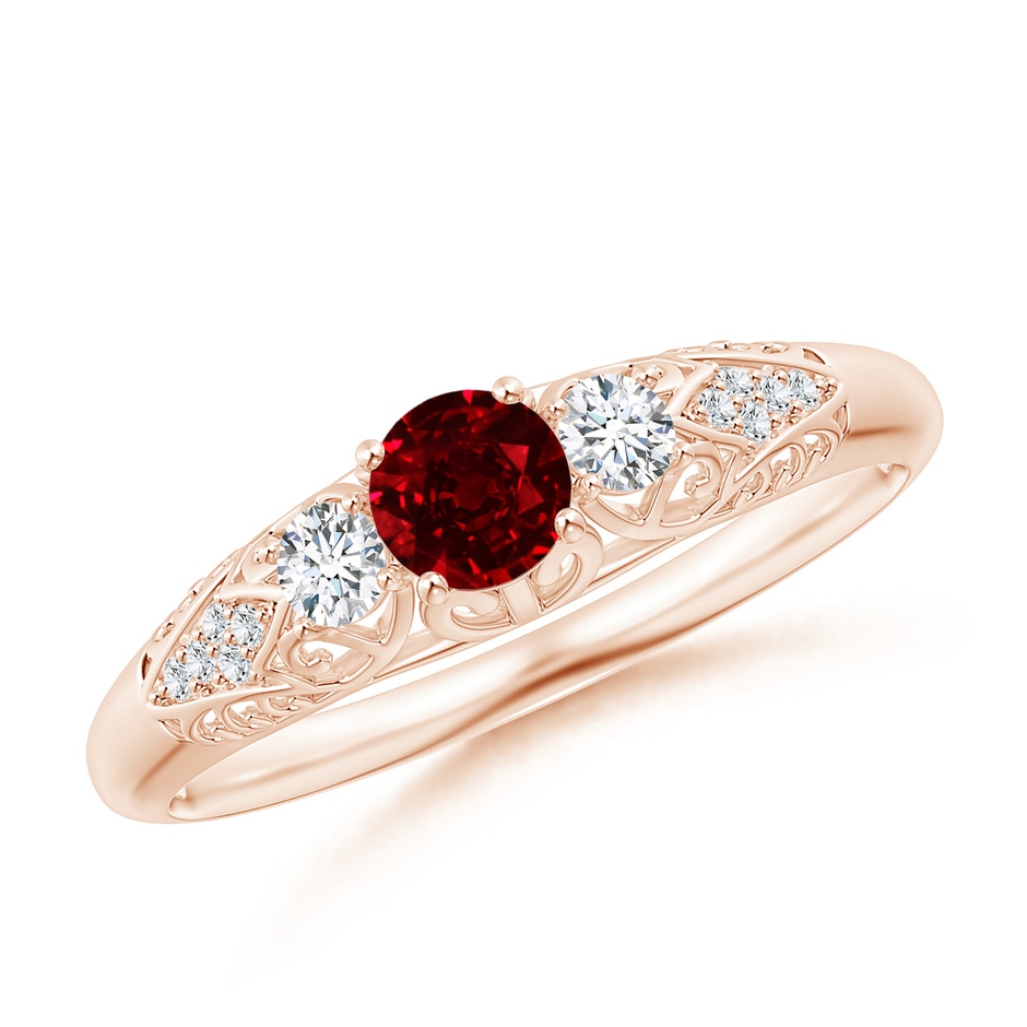 4mm AAAA Aeon Vintage Style Ruby and Diamond Three Stone Engagement Ring in Rose Gold 