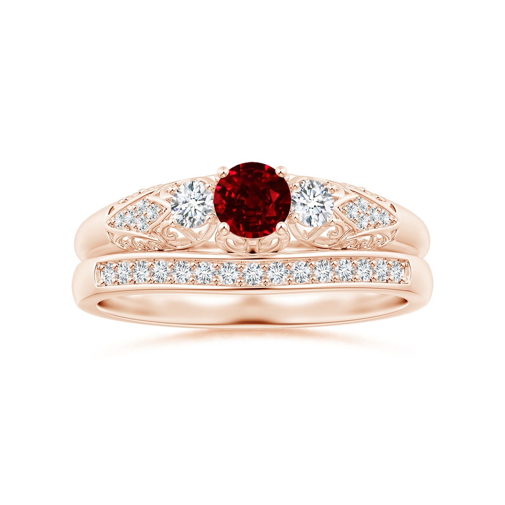 4mm AAAA Aeon Vintage Style Ruby and Diamond Three Stone Engagement Ring in Rose Gold Side-3