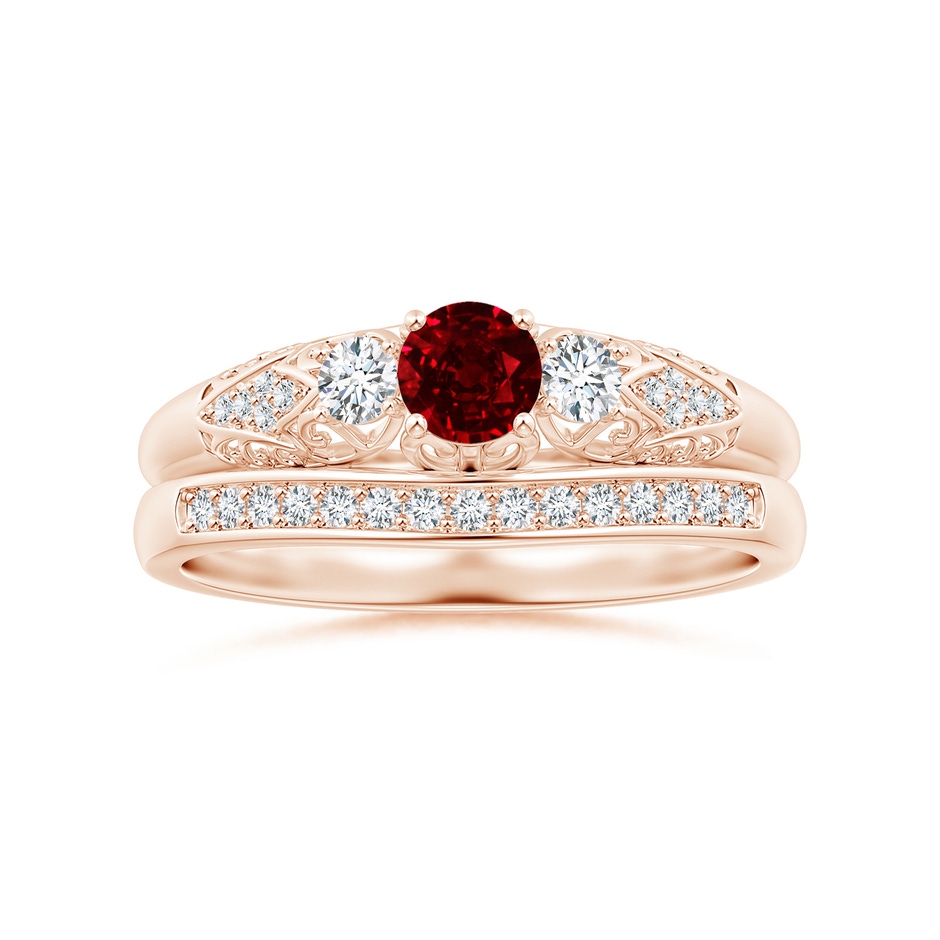 4mm AAAA Aeon Vintage Style Ruby and Diamond Three Stone Engagement Ring in Rose Gold side-3