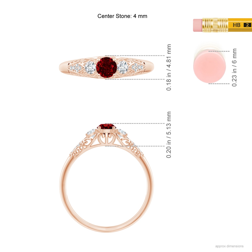 4mm AAAA Aeon Vintage Style Ruby and Diamond Three Stone Engagement Ring in Rose Gold Ruler