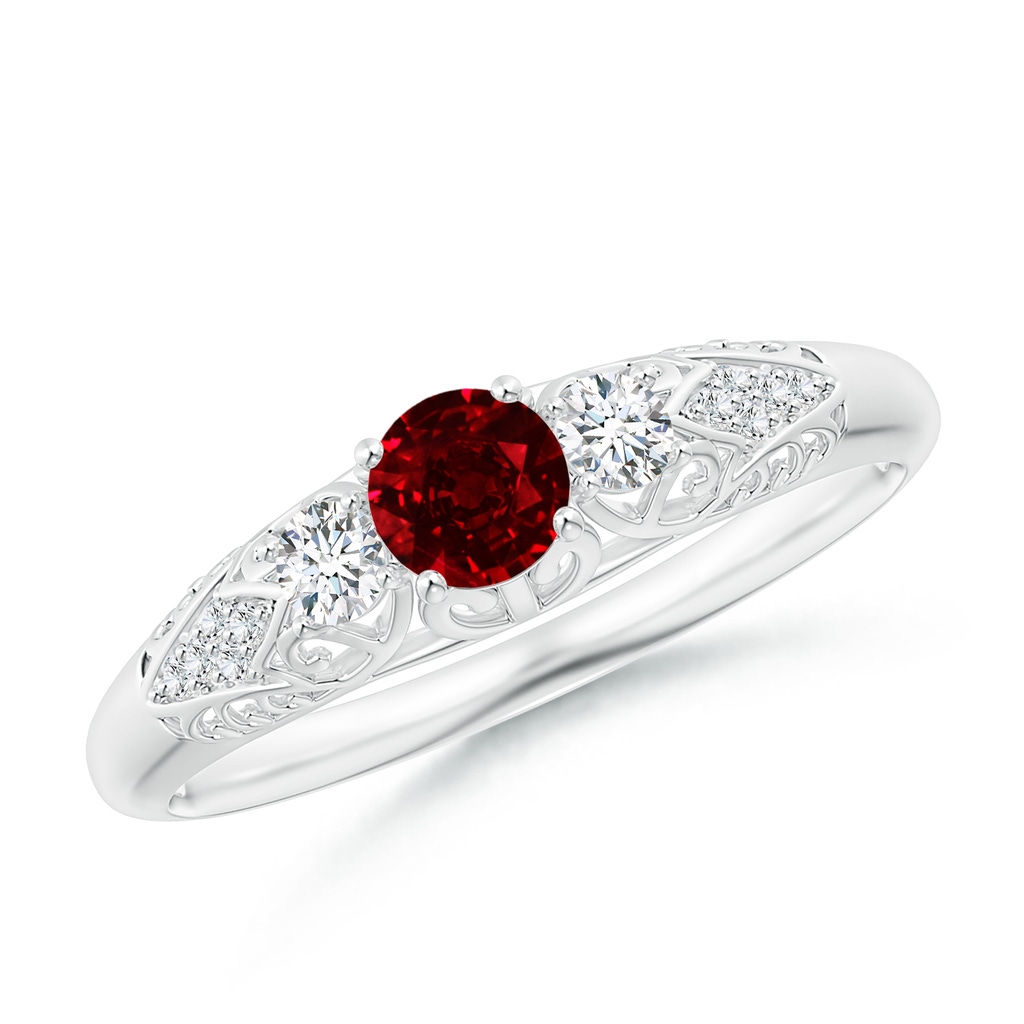 4mm AAAA Aeon Vintage Style Ruby and Diamond Three Stone Engagement Ring in White Gold