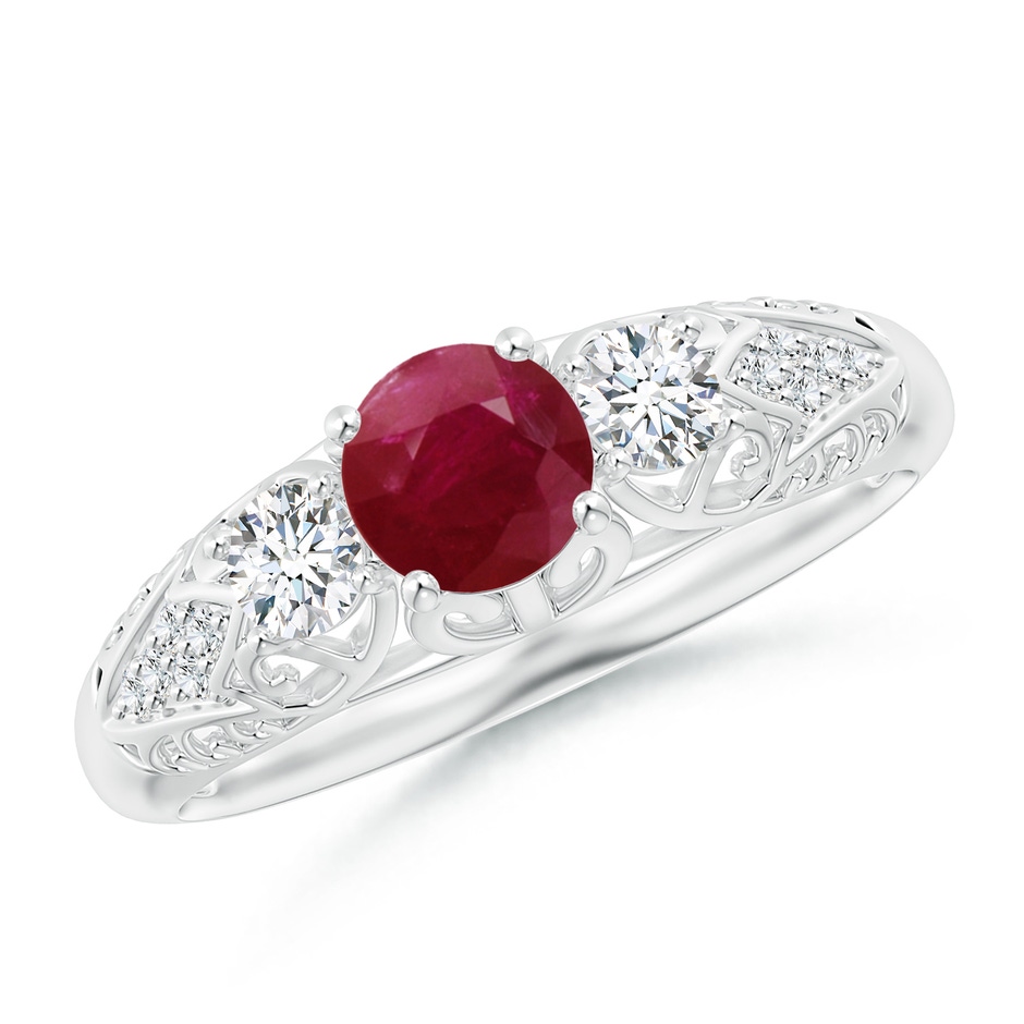 5mm A Aeon Vintage Style Ruby and Diamond Three Stone Engagement Ring in White Gold 