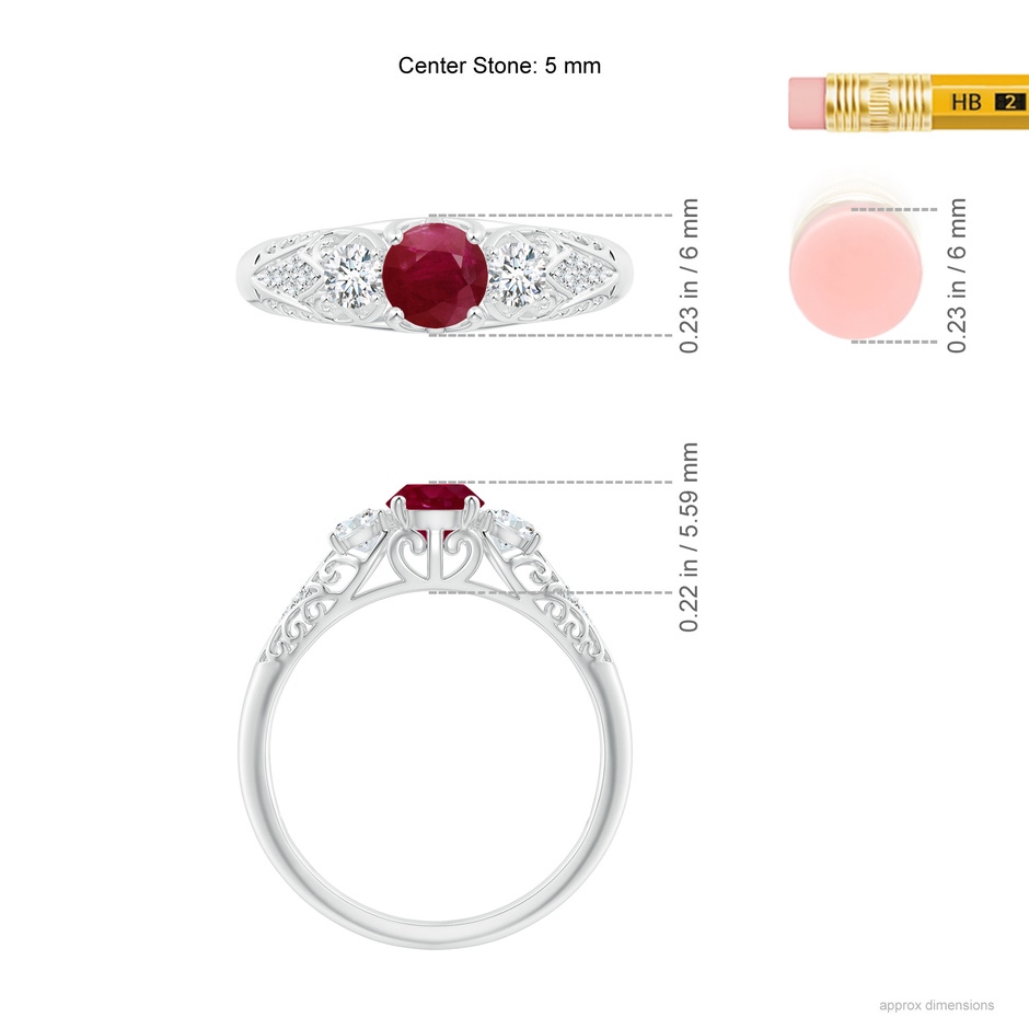 5mm A Aeon Vintage Style Ruby and Diamond Three Stone Engagement Ring in White Gold ruler