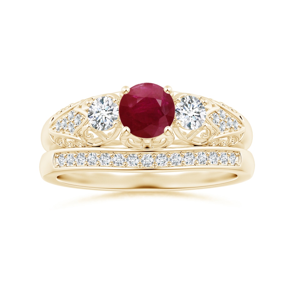 5mm A Aeon Vintage Style Ruby and Diamond Three Stone Engagement Ring in Yellow Gold side-3