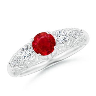5mm AAA Aeon Vintage Style Ruby and Diamond Three Stone Engagement Ring in 18K White Gold