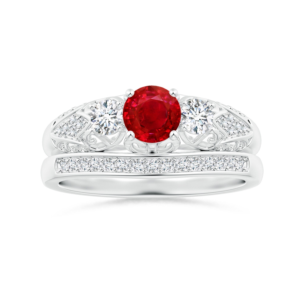 5mm AAA Aeon Vintage Style Ruby and Diamond Three Stone Engagement Ring in 18K White Gold Side-3