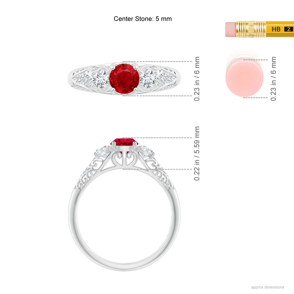 5mm AAA Aeon Vintage Style Ruby and Diamond Three Stone Engagement Ring in 18K White Gold Ruler