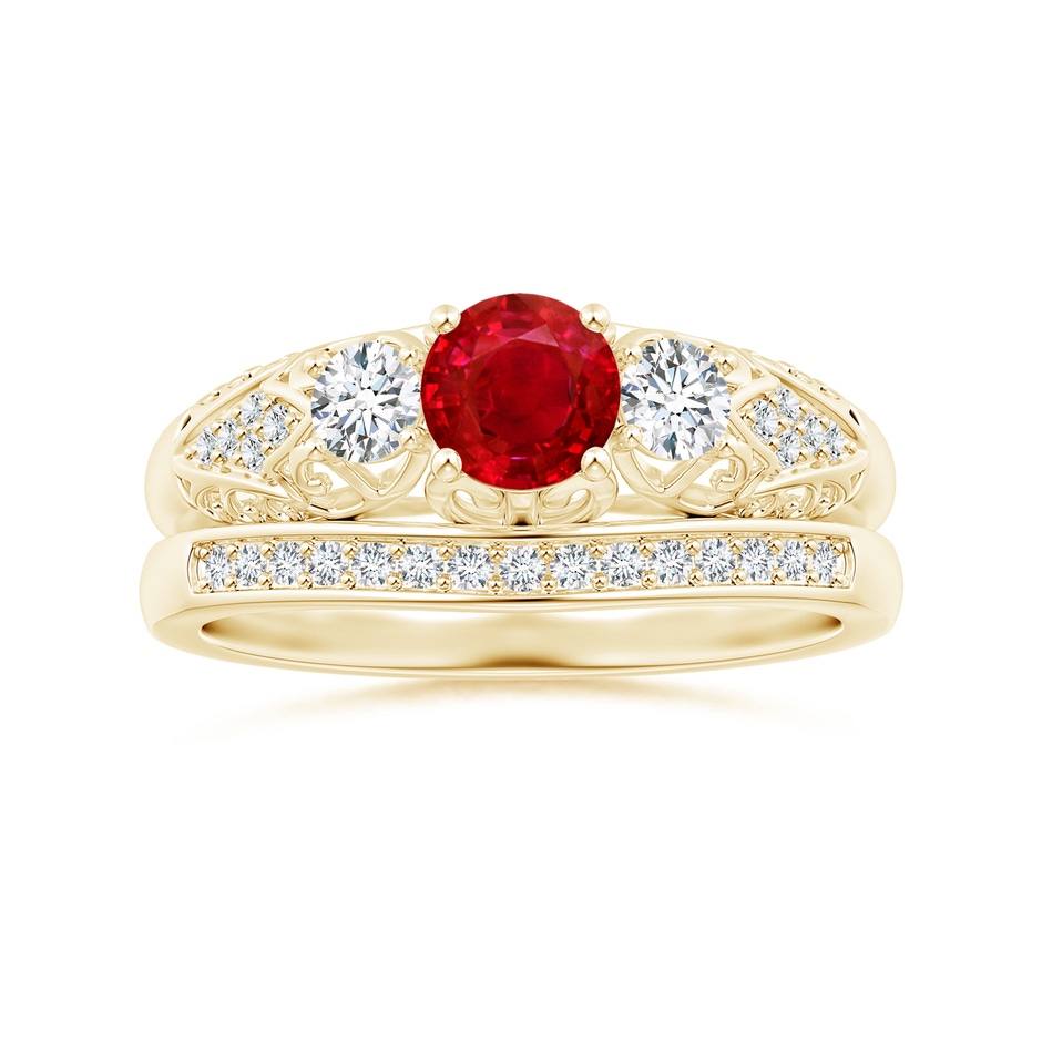 5mm AAA Aeon Vintage Style Ruby and Diamond Three Stone Engagement Ring in 18K Yellow Gold side-3