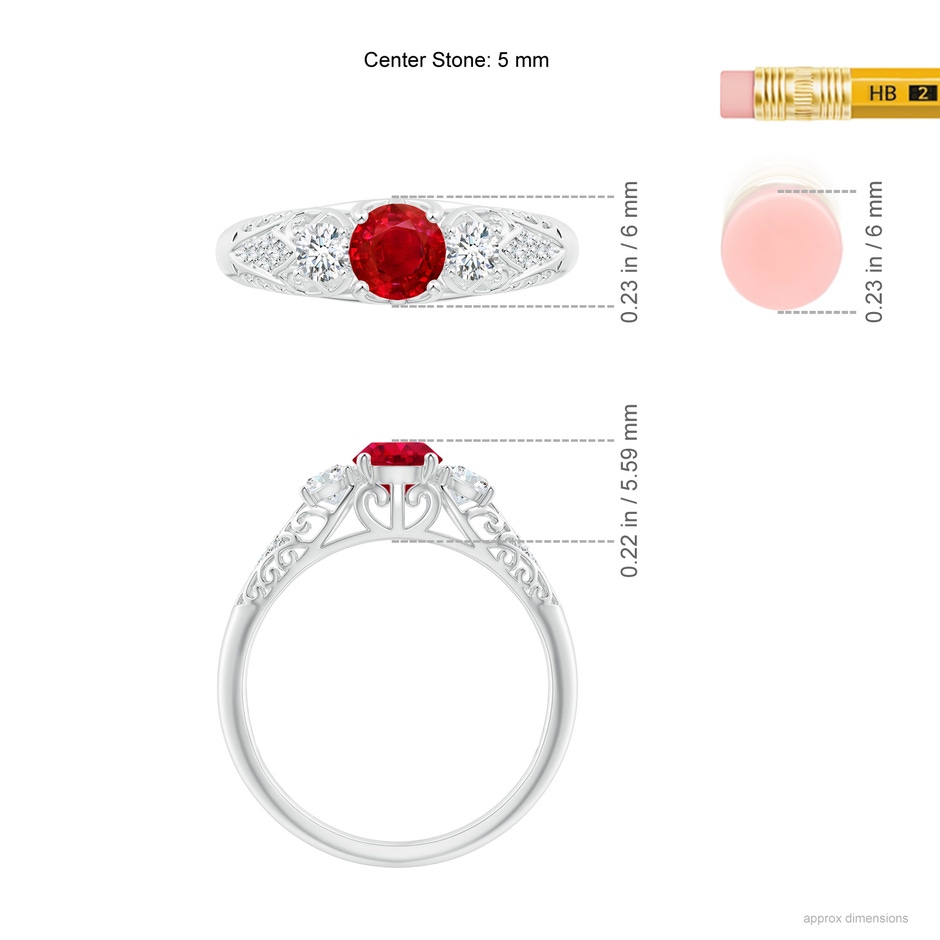 5mm AAA Aeon Vintage Style Ruby and Diamond Three Stone Engagement Ring in White Gold ruler