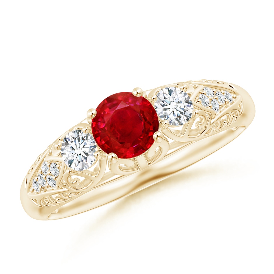 5mm AAA Aeon Vintage Style Ruby and Diamond Three Stone Engagement Ring in Yellow Gold 