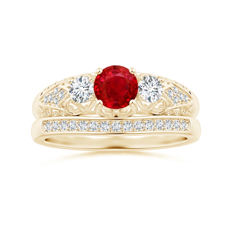 5mm AAA Aeon Vintage Style Ruby and Diamond Three Stone Engagement Ring in Yellow Gold side-3