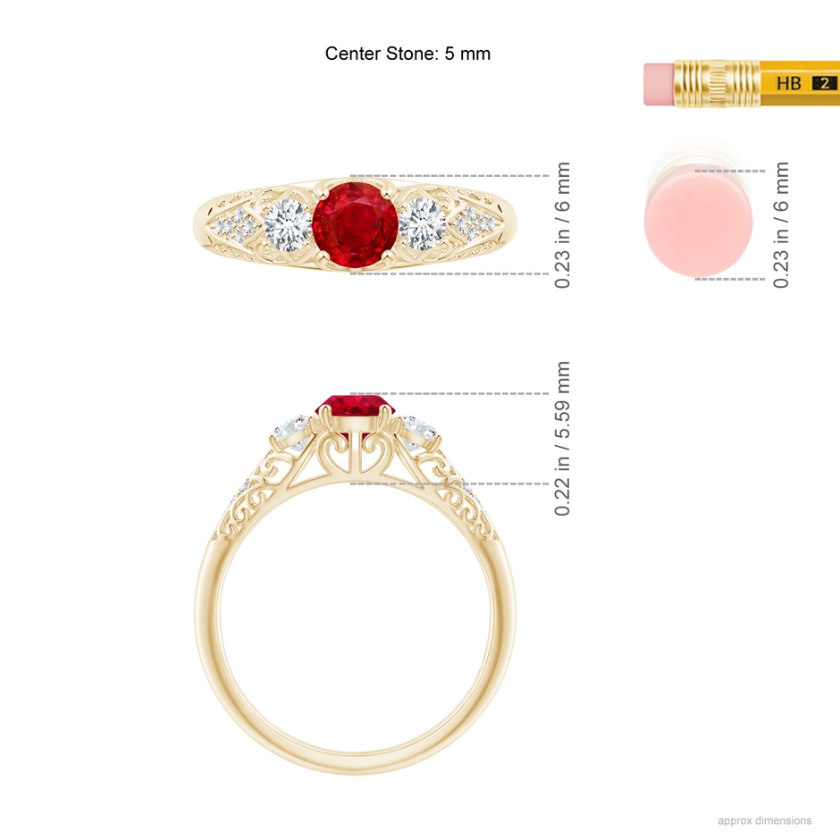 5mm AAA Aeon Vintage Style Ruby and Diamond Three Stone Engagement Ring in Yellow Gold ruler