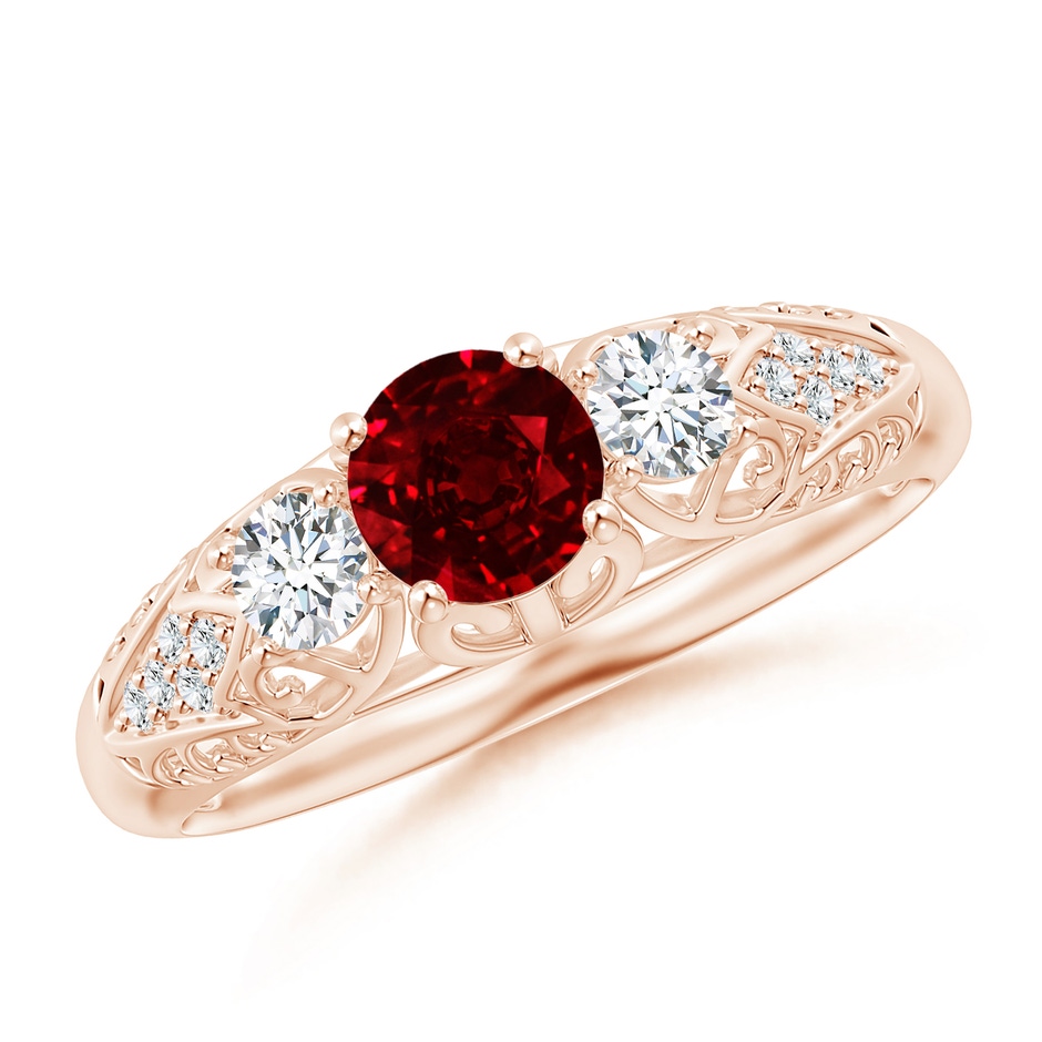 5mm AAAA Aeon Vintage Style Ruby and Diamond Three Stone Engagement Ring in Rose Gold 