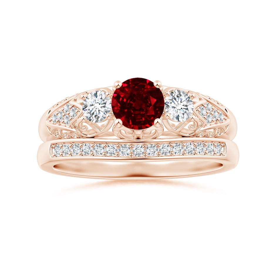 5mm AAAA Aeon Vintage Style Ruby and Diamond Three Stone Engagement Ring in Rose Gold side-3