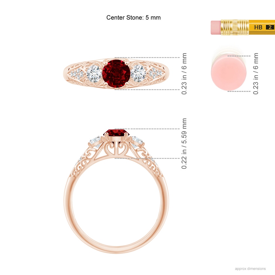 5mm AAAA Aeon Vintage Style Ruby and Diamond Three Stone Engagement Ring in Rose Gold ruler