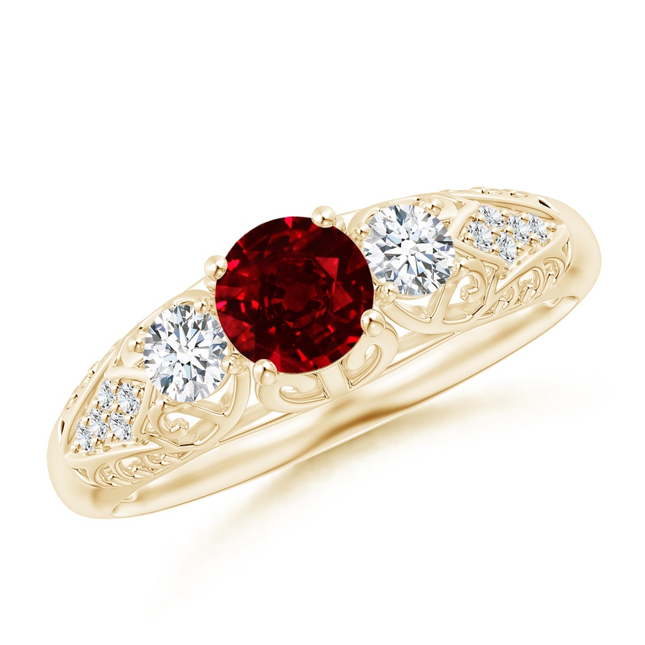 5mm AAAA Aeon Vintage Style Ruby and Diamond Three Stone Engagement Ring in Yellow Gold 