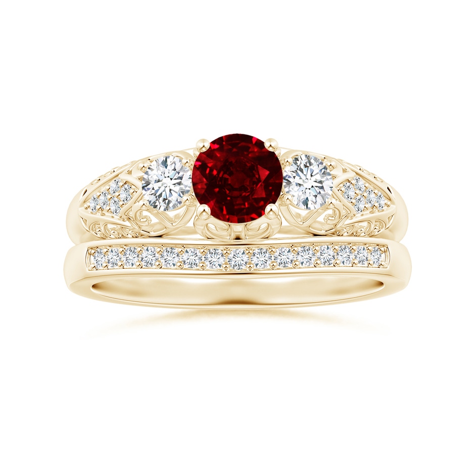 5mm AAAA Aeon Vintage Style Ruby and Diamond Three Stone Engagement Ring in Yellow Gold side-3