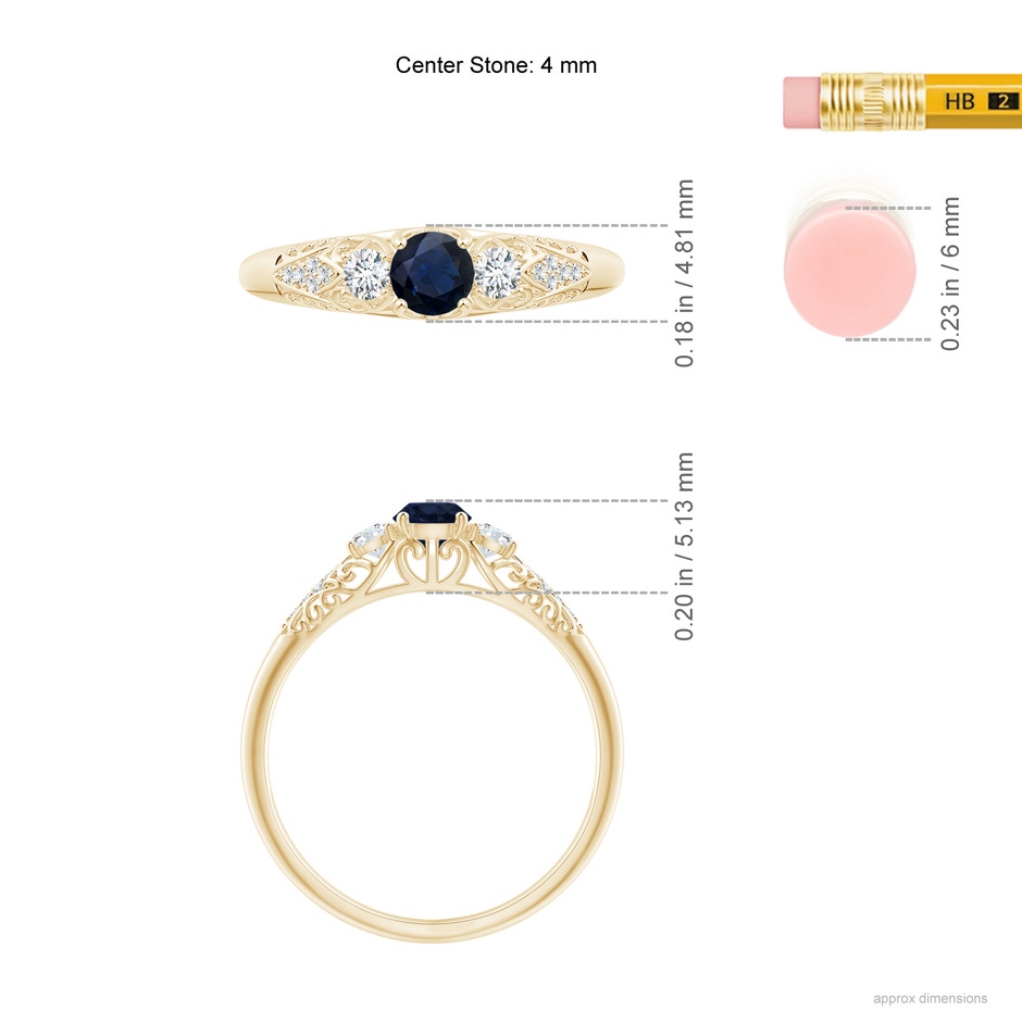 4mm A Aeon Vintage Style Sapphire and Diamond Three Stone Engagement Ring in Yellow Gold ruler