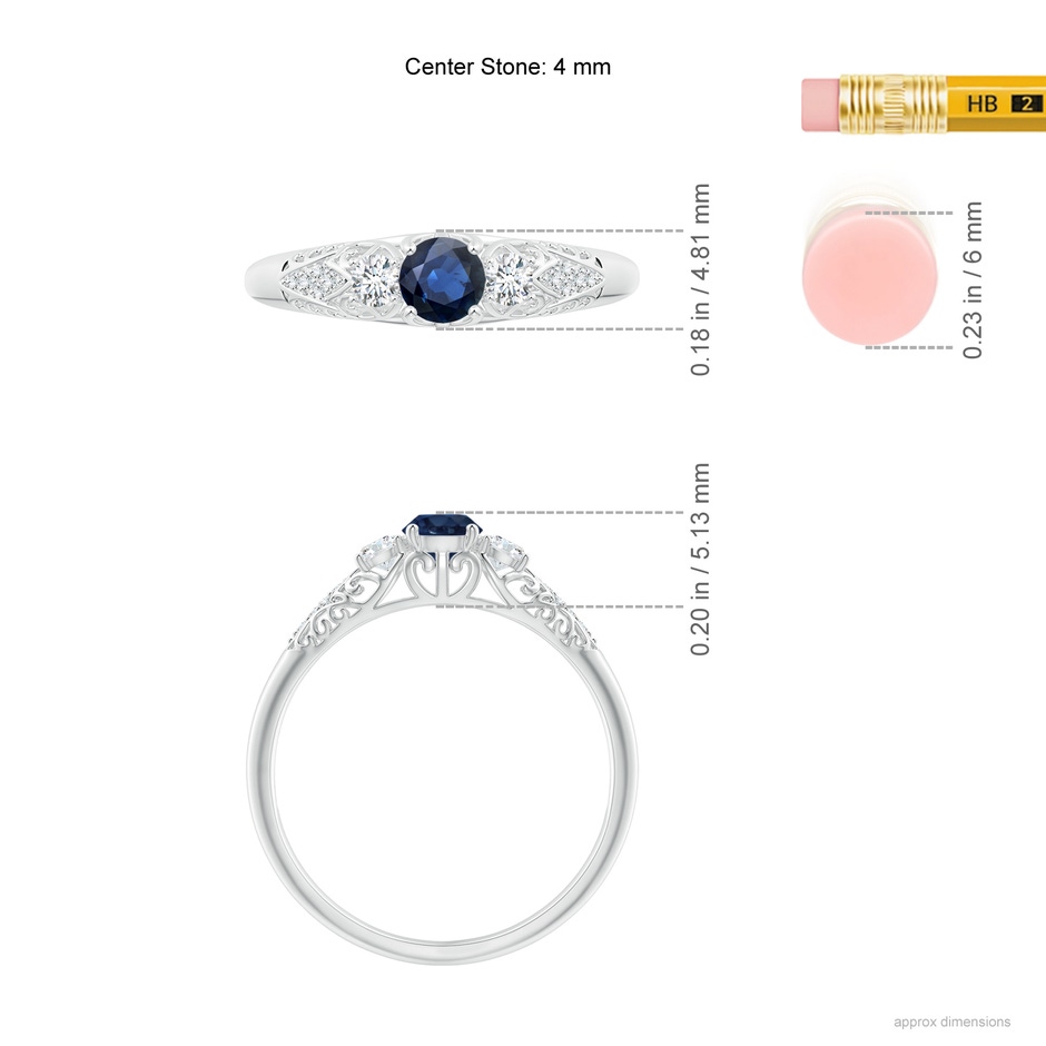 4mm AA Aeon Vintage Style Sapphire and Diamond Three Stone Engagement Ring in White Gold ruler