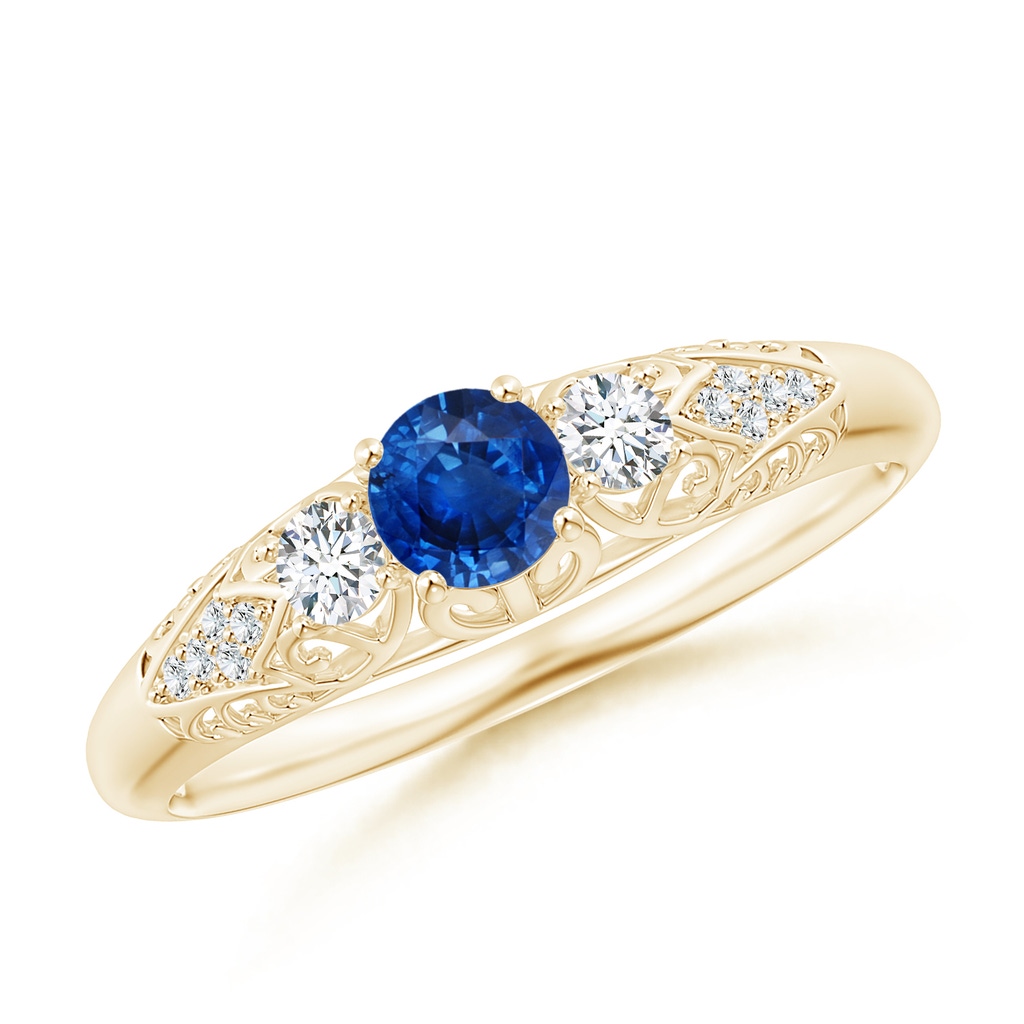 4mm AAA Aeon Vintage Style Sapphire and Diamond Three Stone Engagement Ring in Yellow Gold