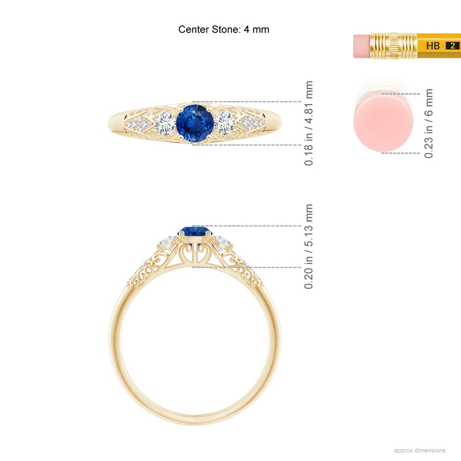 4mm AAA Aeon Vintage Style Sapphire and Diamond Three Stone Engagement Ring in Yellow Gold ruler