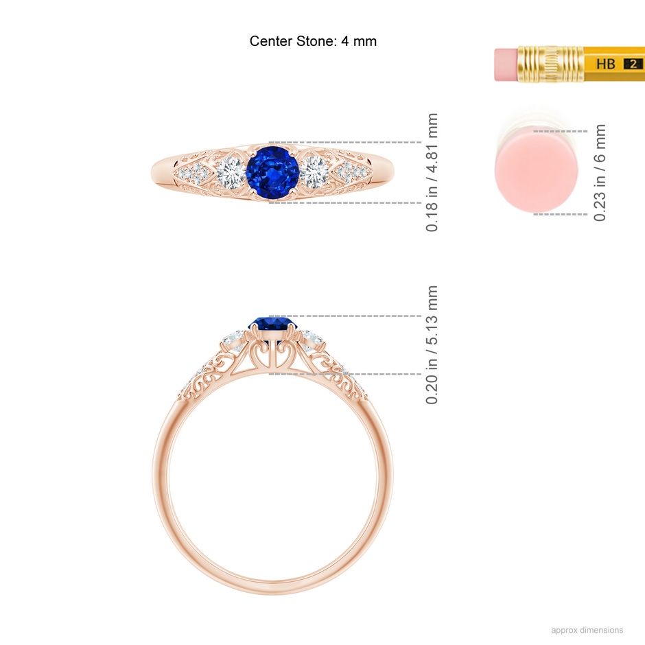 4mm AAAA Aeon Vintage Style Sapphire and Diamond Three Stone Engagement Ring in Rose Gold ruler