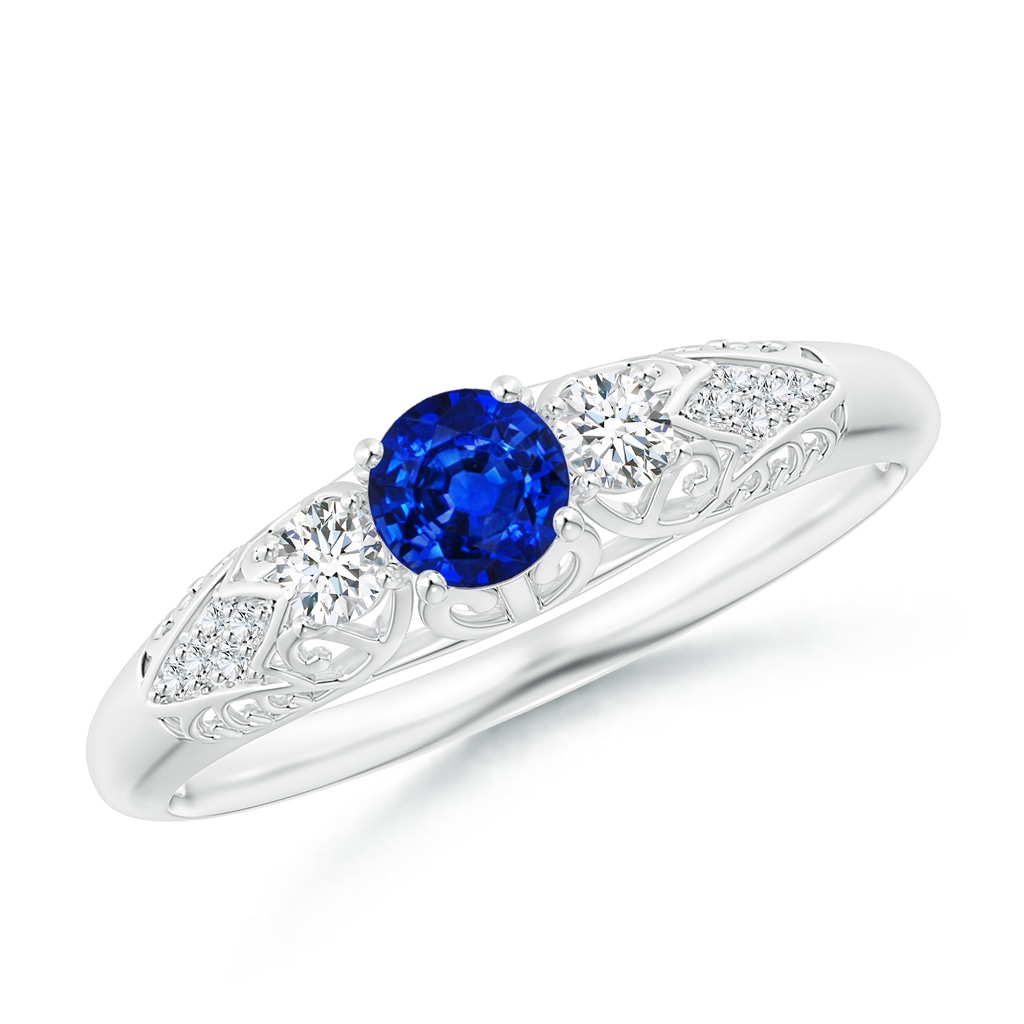 4mm AAAA Aeon Vintage Style Sapphire and Diamond Three Stone Engagement Ring in White Gold