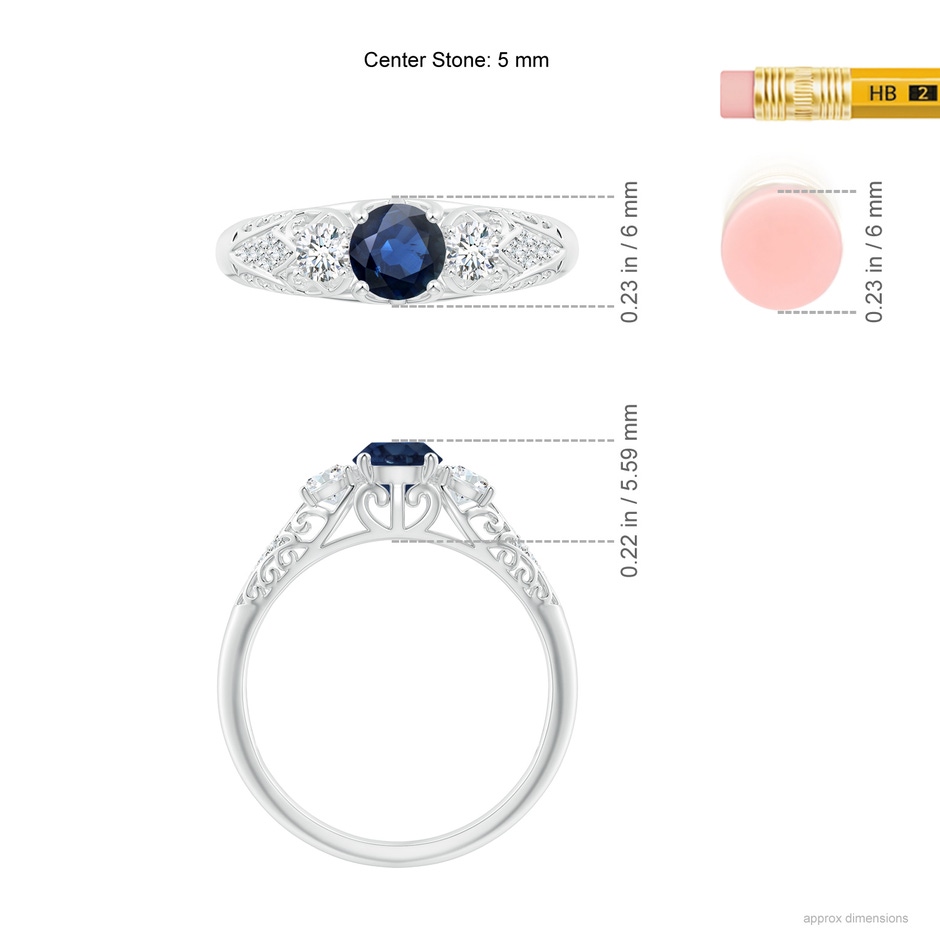 5mm AA Aeon Vintage Style Sapphire and Diamond Three Stone Engagement Ring in 18K White Gold ruler