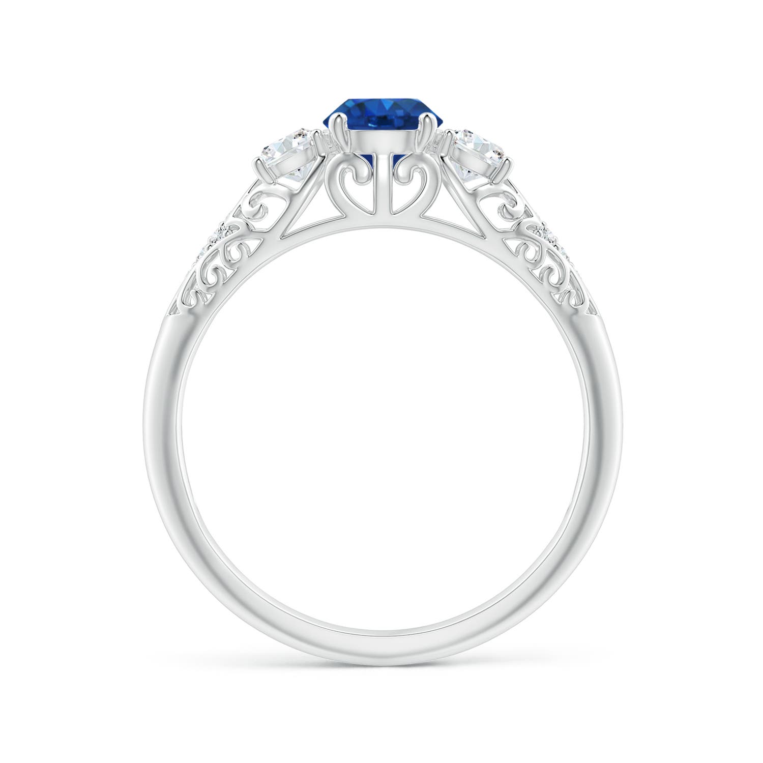 5mm AAA Aeon Vintage Style Sapphire and Diamond Three Stone Engagement Ring in 18K White Gold