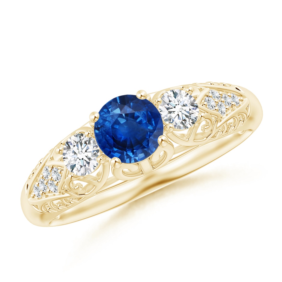 5mm AAA Aeon Vintage Style Sapphire and Diamond Three Stone Engagement Ring in 18K Yellow Gold 