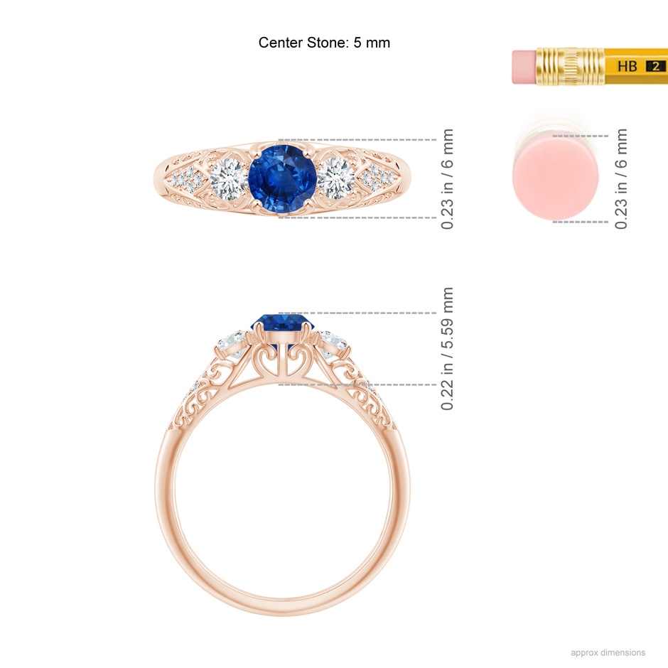 5mm AAA Aeon Vintage Style Sapphire and Diamond Three Stone Engagement Ring in Rose Gold ruler