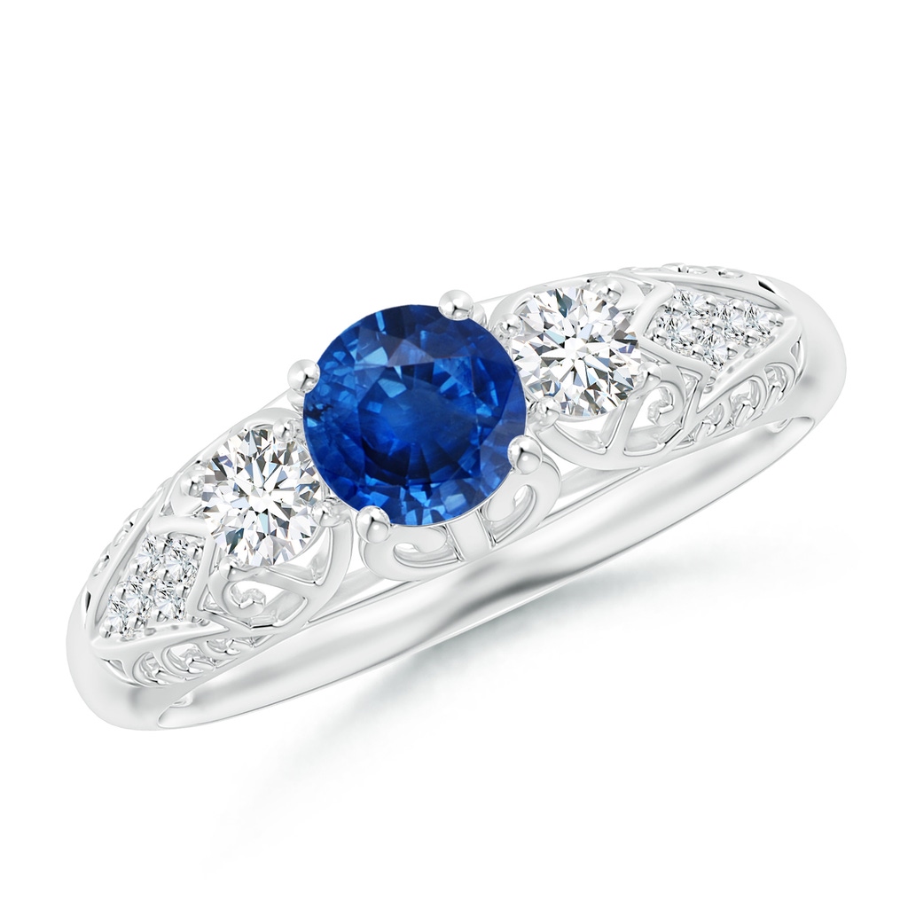 5mm AAA Aeon Vintage Style Sapphire and Diamond Three Stone Engagement Ring in White Gold 