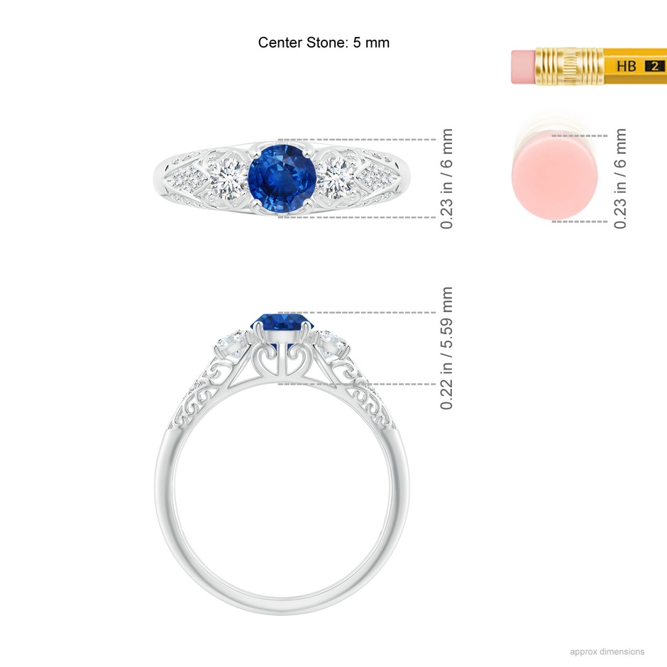 5mm AAA Aeon Vintage Style Sapphire and Diamond Three Stone Engagement Ring in White Gold ruler