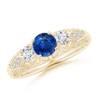 5mm AAA Aeon Vintage Style Sapphire and Diamond Three Stone Engagement Ring in Yellow Gold