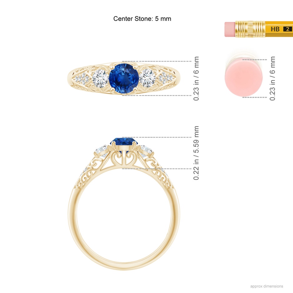 5mm AAA Aeon Vintage Style Sapphire and Diamond Three Stone Engagement Ring in Yellow Gold ruler