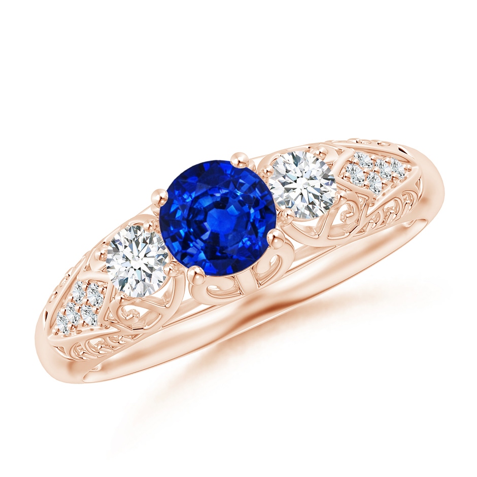 5mm AAAA Aeon Vintage Style Sapphire and Diamond Three Stone Engagement Ring in Rose Gold 